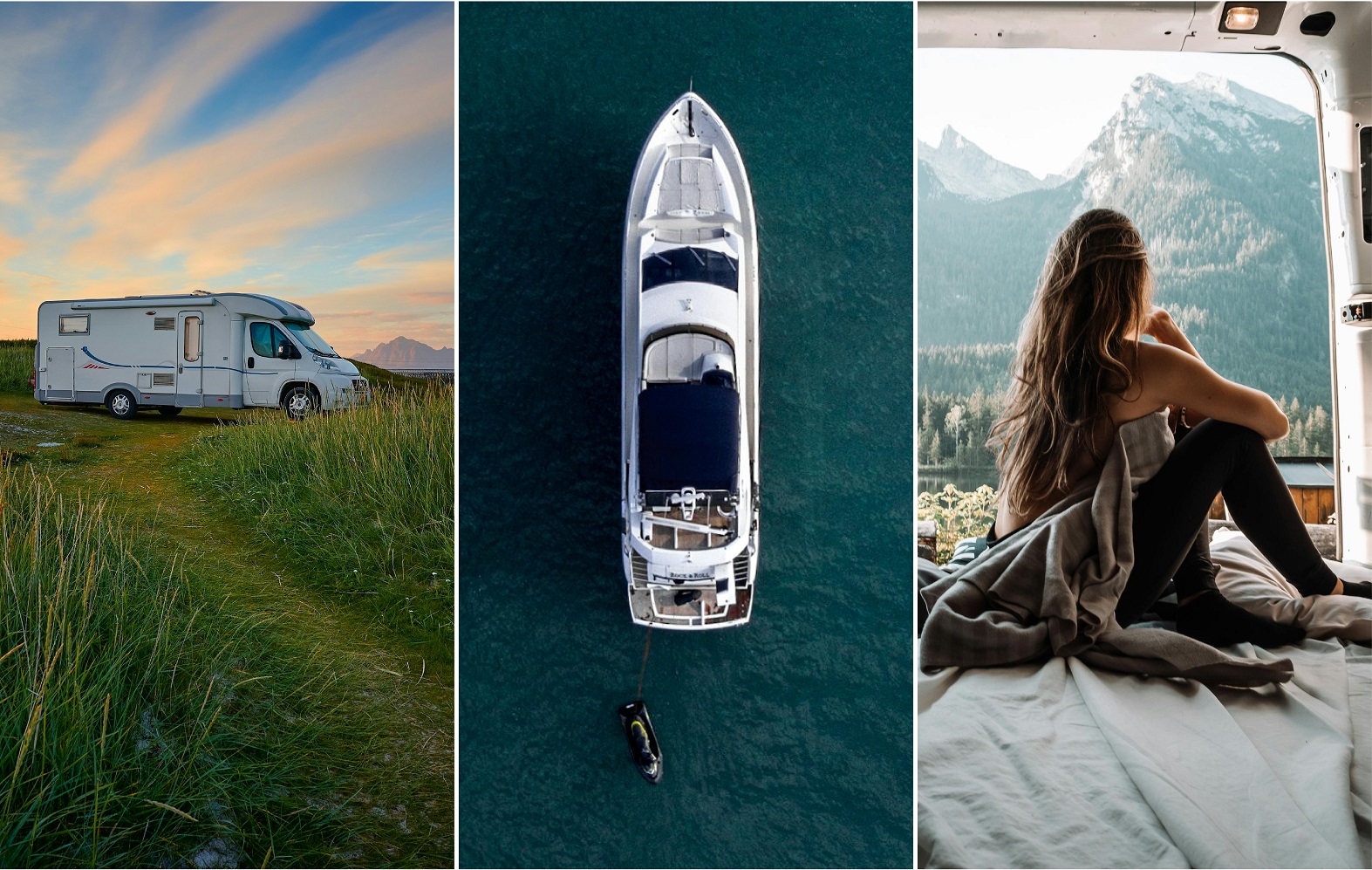 Kuvituskuva matkailuauto, vene.