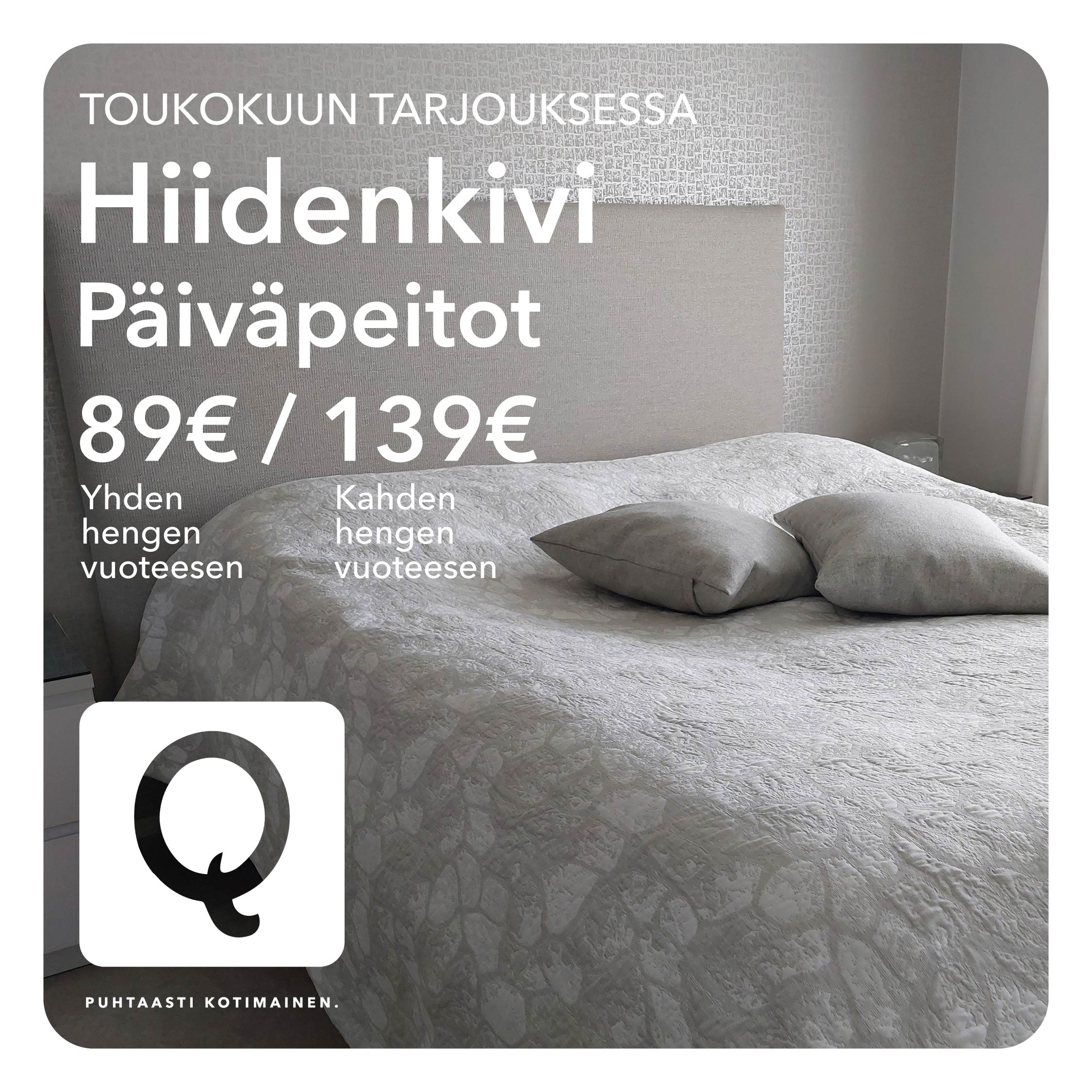 Uniquu Hiidenkivi päiväpeitto harmaa vuoteella.