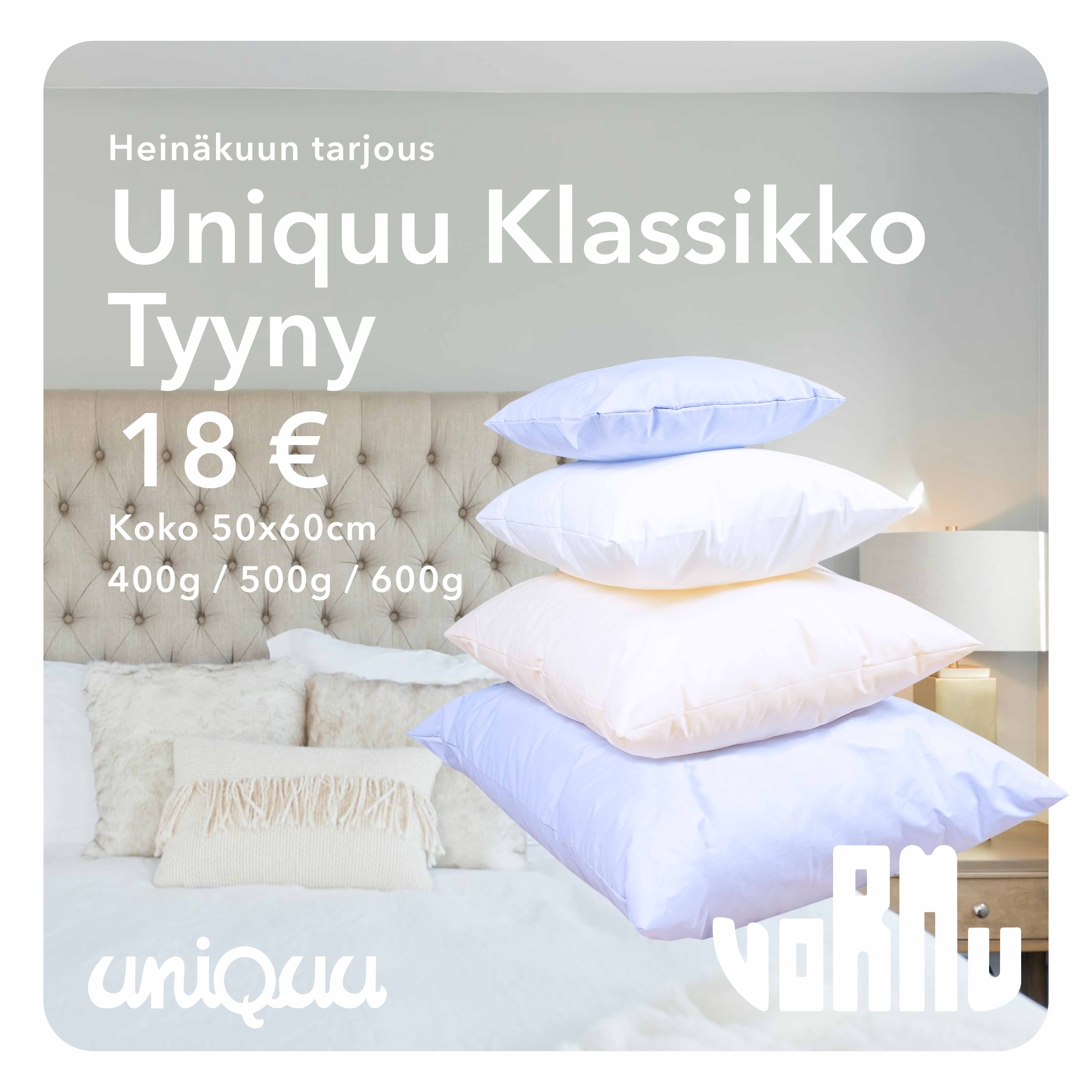 Heinäkuun tarjouksessa Uniquu Klassikko pallokuitutyyny 50x60cm 400g / 500g / 600g hintaan 18€.